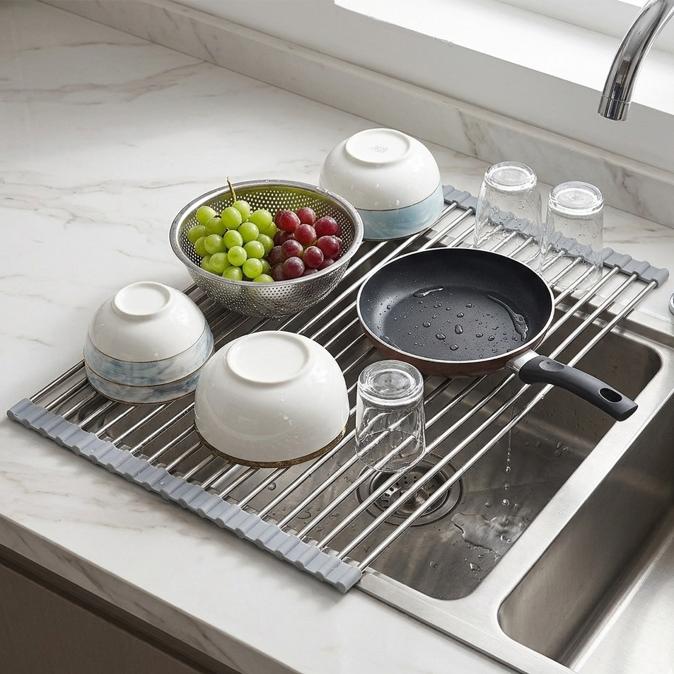 Joyvegocosh Roll-Up Stainless Steel Dish Drying Rack